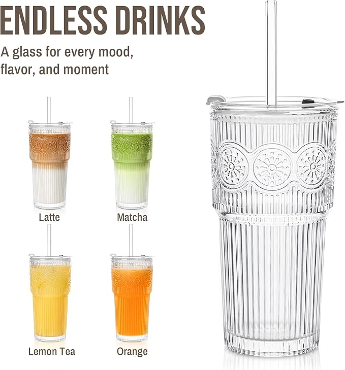 SoulTimes 20oz Ribbed & Floral Glass Tumbler Set of 4 – Reusable Glass Cups - Image 5
