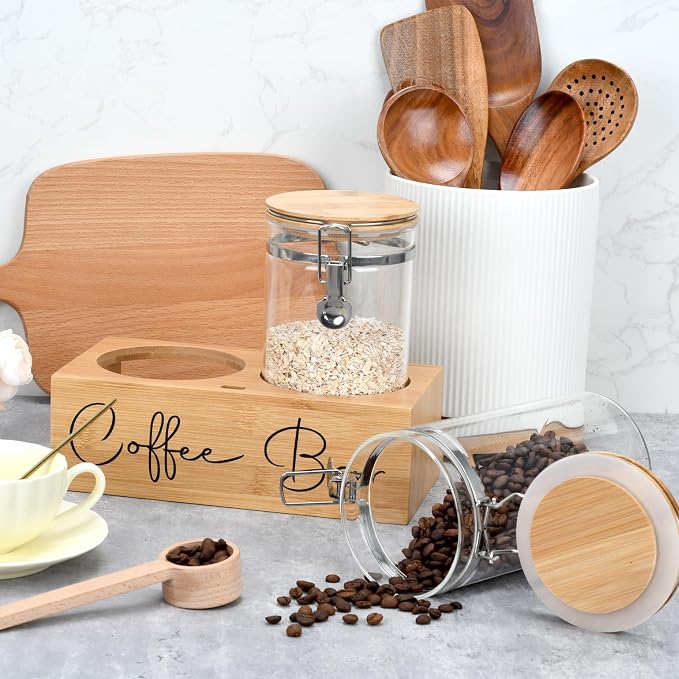 Glass Coffee Canister Set with Bamboo Shelf & Spoon - Image 4