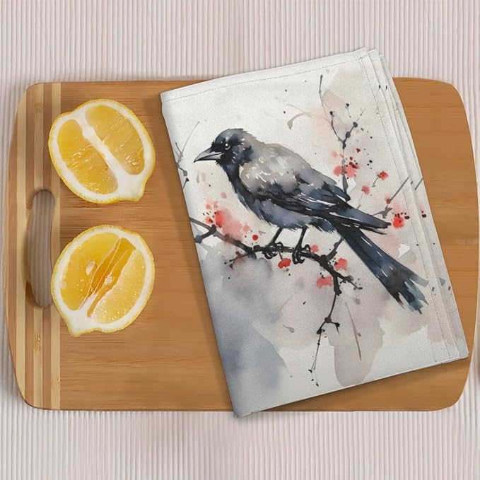 Watercolor Crow Flower Kitchen Towels Set of 2 Absorbent Drying Dish Towels - Image 6