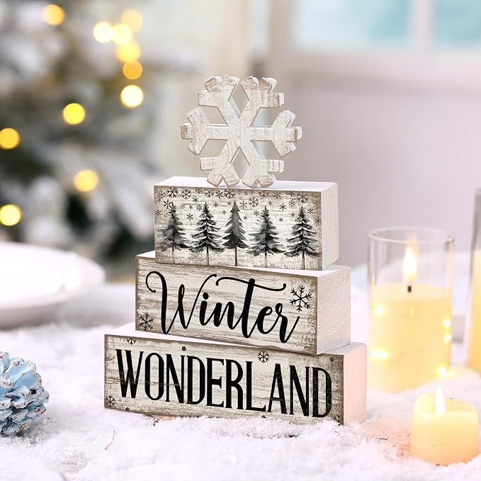 Lineshading 4 Pcs Winter Table Decorations Wooden Snowflake Decor Winter Tiered - Image 2