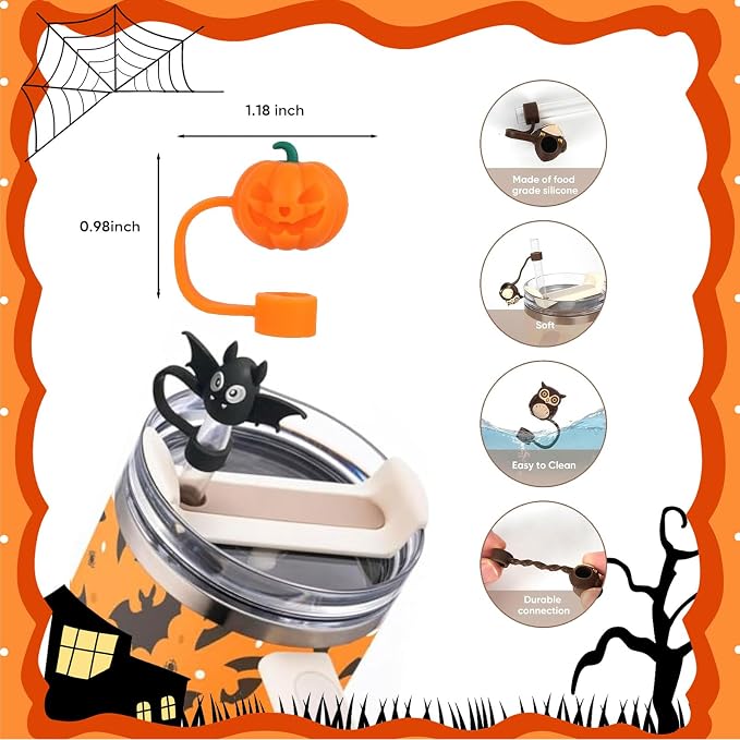 5PCS Halloween Straw Cover Cap for Stanley Cup，10mm Reusable Pumpkin Silicone - Image 2