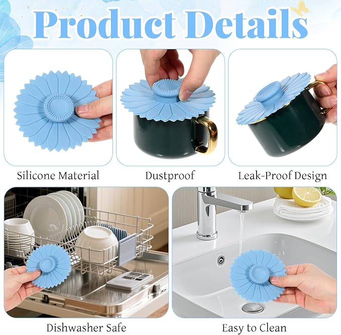 2 Pcs Silicone Cup Covers, Reusable Silicone Lids Tea Mug Topper Universal - Image 5