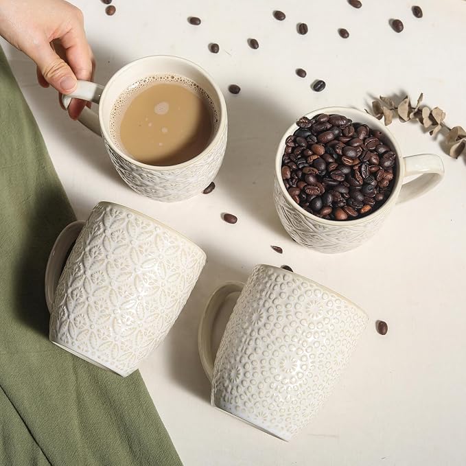 Coffee Mugs Set of 4, 16 Oz Ceramic Coffee Mugs, Large Porcelain Embossed Cups - Image 2