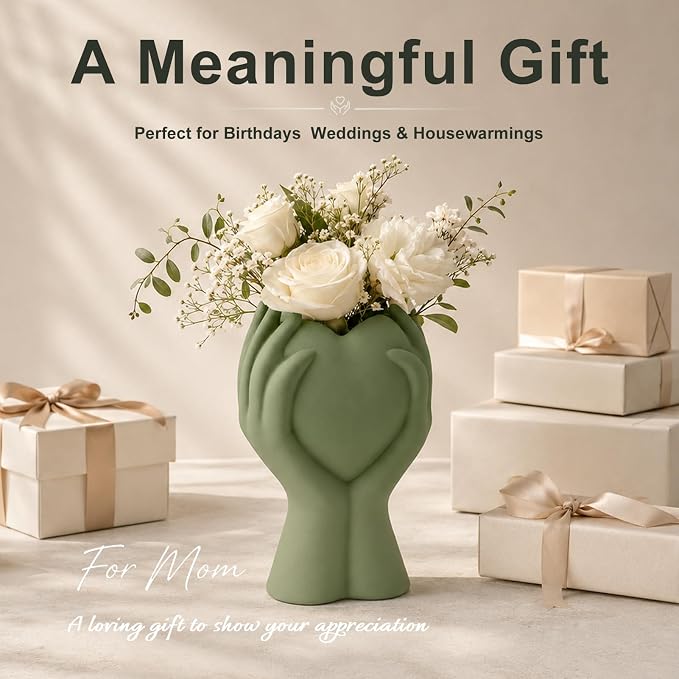 8 Inch Heart Hand Green Ceramic Vase - Image 6