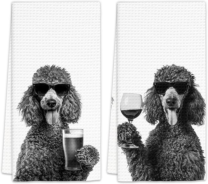 Gifts for Poodle Dog Wine Lovers Kitchen Towels Set of 2, Poodle Gifts Wine by FIicy