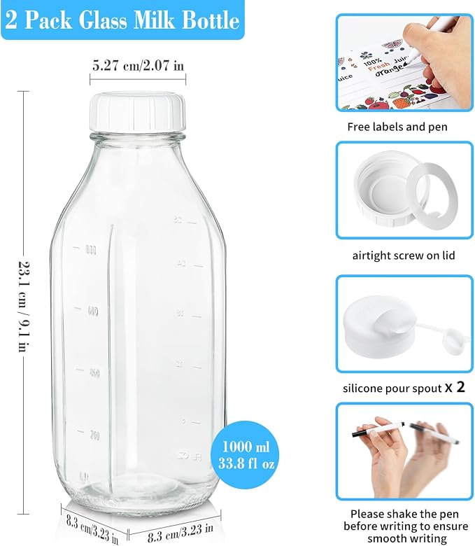 2 Pack Glass Milk Bottle with 2 Dispenser Caps, 100% Airtight Heavy Duty Screw - Image 2