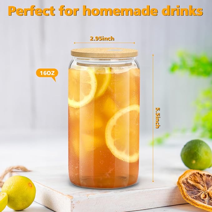 sungwoo 12PCS Glass Cups with Bamboo Lids and Straws, 16OZ Ice Coffee Cup - Image 5