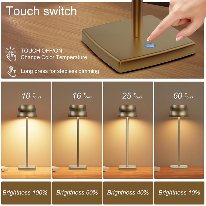 Cordless Rechargeable LED Table Lamps, 3 Color Touch Stepless Dimmable - Image 3