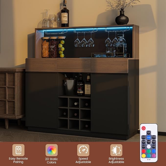 ModernMate Wine Cabinet with 3 Drawers, Coffee Bar Cabinet with LED Lights - Image 4