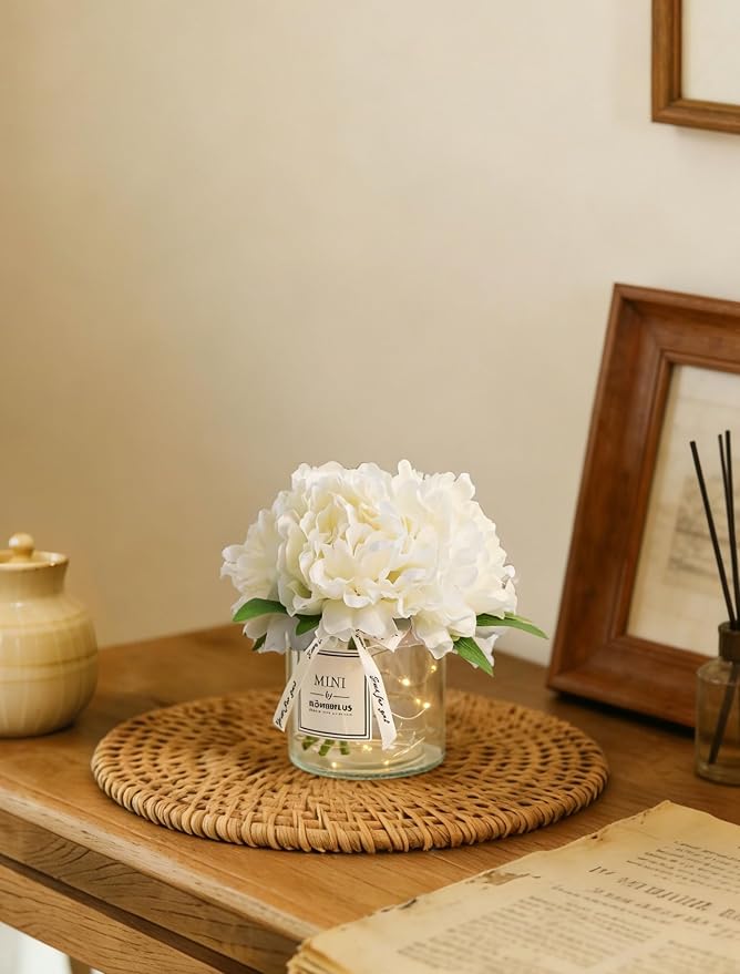 BLOSMON Fake Flowers in Vase for Table: White Artificial Hydrangea - Image 8