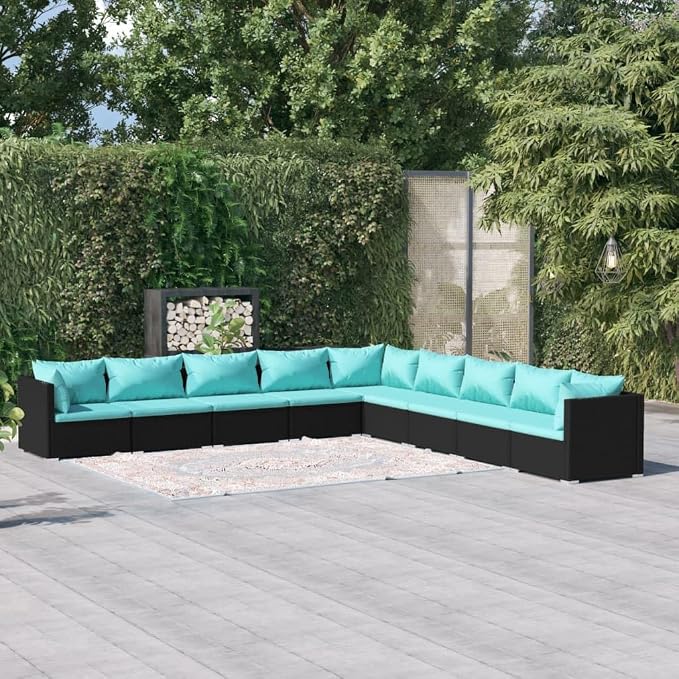 9 Piece Patio Lounge Set with Cushions Poly Rattan Black Modular Sectional - Image 2