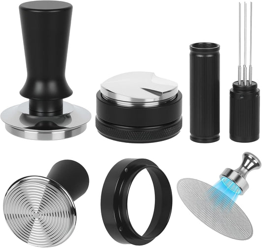 53mm Espresso Accessories Kit – Spring-Loaded Espresso Tamper, WDT Tool, Coffee Distributor, Magnetic Dosing Funnel, Puck Screen with Remover – Premium Stainless Steel & Aluminum Espresso Tools