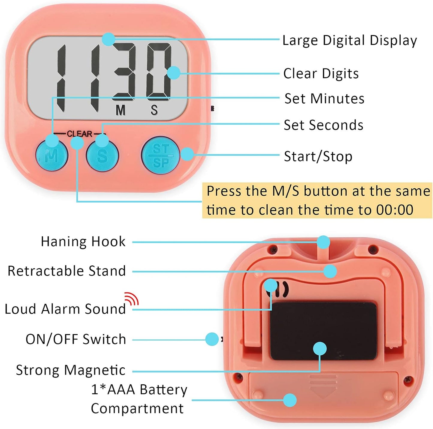 12 Pack Digital Kitchen Timers for Cooking Magnetic Timer for Cooking Loud Alarm Pink