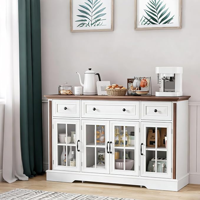 Sideboard Buffet Cabinet with Storage and Glass Doors, 4-Door Cabinet with 3 by HOLCEPZN