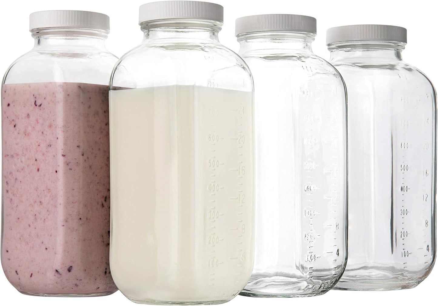 kitchentoolz 32 oz Square Glass Bottles with Plastic Airtight Lids – 4 Pack for Milk, Smoothies, Water, Kombucha, and Broth Storage