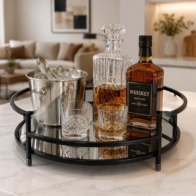 Round Black 12" Mirror Decor Tray, Metal Mirror Serving Tray, Glass Vanity & - Image 5