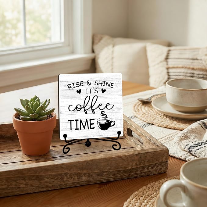 Minimalism Coffee Bar Decor, Rise & Shine It's Coffee Time Wood Plaque - Image 4