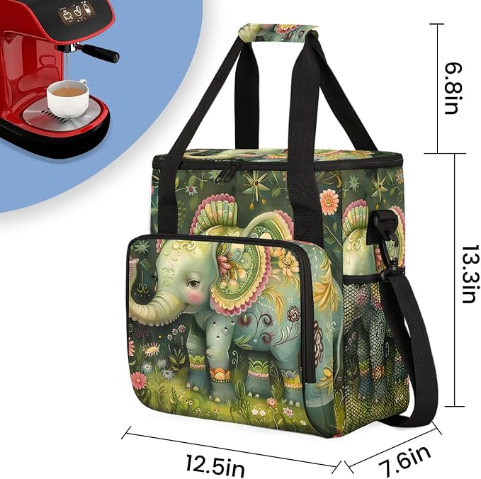 Green Elephant Boho Coffee Maker Carring Bag, Large Insulated Storage Organizer - Image 2