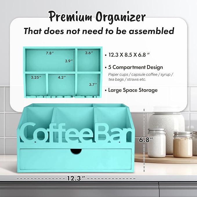 Coffee Bar Organizer Countertop, Wood Coffee Station, Turquoise | K-Cups - Image 2