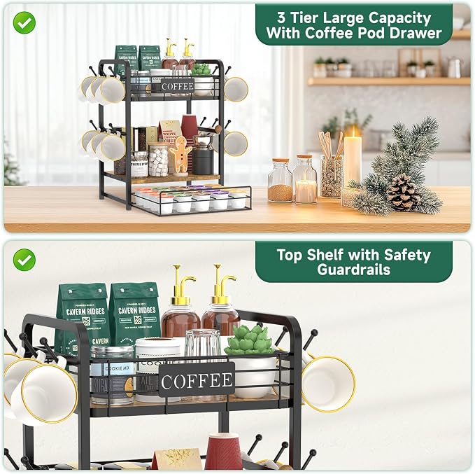 EsLuker.ly Coffee Bar Organizer Station Shelf Mug Holder, 3 Tier Coffee Cup - Image 7
