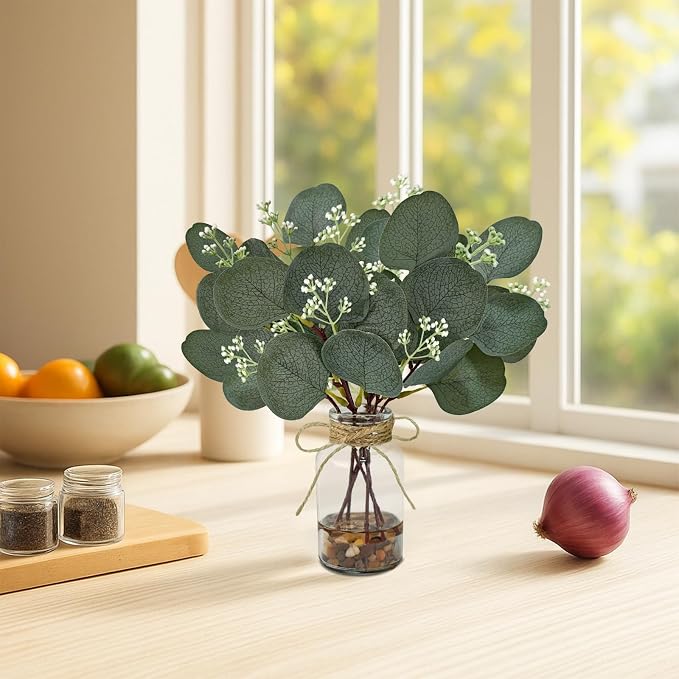 2 Pack Artificial Eucalyptus Stems in Glass Vases, Small Faux Plants - Image 3