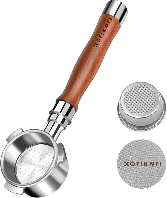 51mm Bottomless Portafilter 3 Ears Compatible with Delonghi Dedica EC680/EC685/EC885 and SMEG, EUPA Espresso Machines, Espresso Naked Bottomless Portafilter with Puck Screen and 18g Filter Basket-Wood