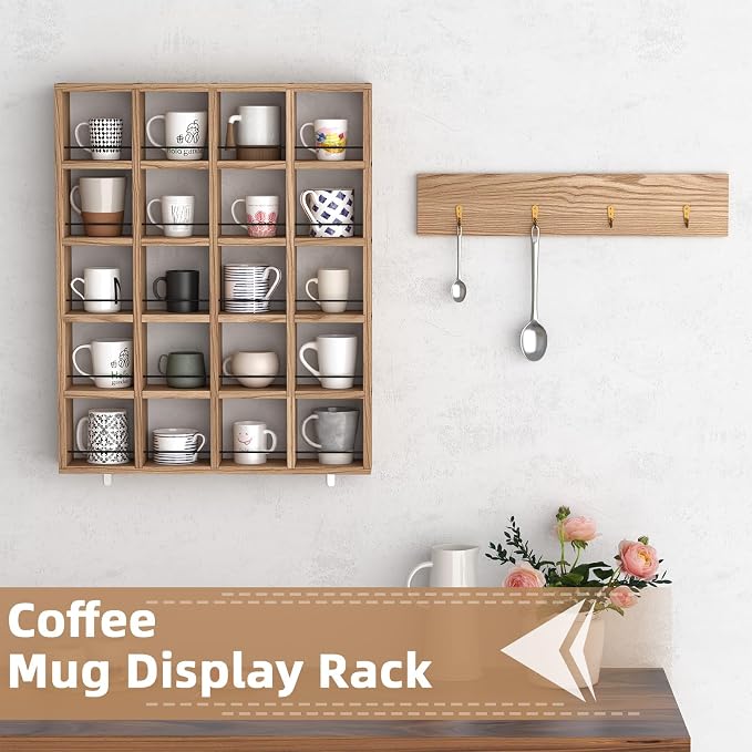 Wooden Coffee Mug Display Rack, Wall Mounted Coffee Cup Display Shelf, Hold 24 - Image 7