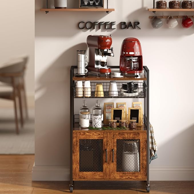 Hencawima Coffee Bar Cabinet, 3 Tier Coffee Station Table on Wheels, 35.9" H - Image 8