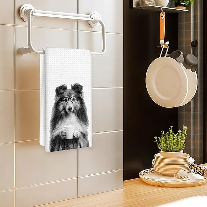 Sheltie Gifts Coffee Wine Kitchen Towels Set of 2, Coffee Dog Dish Tea Towel - Image 2