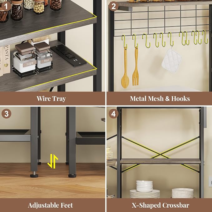 L-Shaped Bakers Rack with Power Outlets, 6-Tier Microwave Stand with Hooks - Image 6