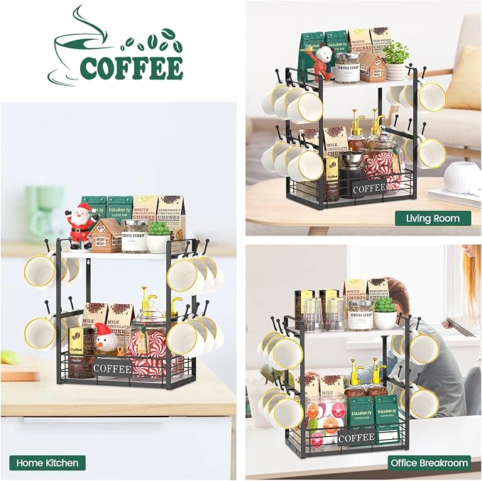 EsLuker.ly Coffee Mug Cup Holder Tree Bar Station Organizer, 2 Tier Mug Stand - Image 6