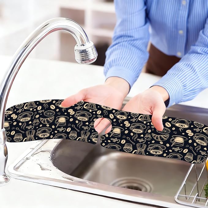 2 Pcs Kitchen Sink Splash Guard Faucet Mat Coffee Element Pattern Faucet Mat - Image 6