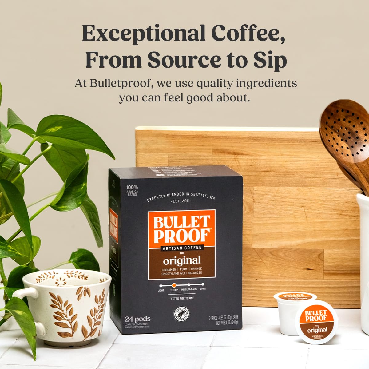 Bulletproof Original Medium Roast Single-Serve Pods, 72 Count, 100% Arabica Beans, Clean Coffee Tested for Toxins, Packaging May Vary
