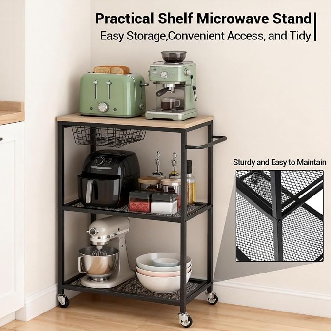 Rolling Kitchen Cart with Wood Tabletop, 3 Tier Mobile Utility Cart with - Image 2