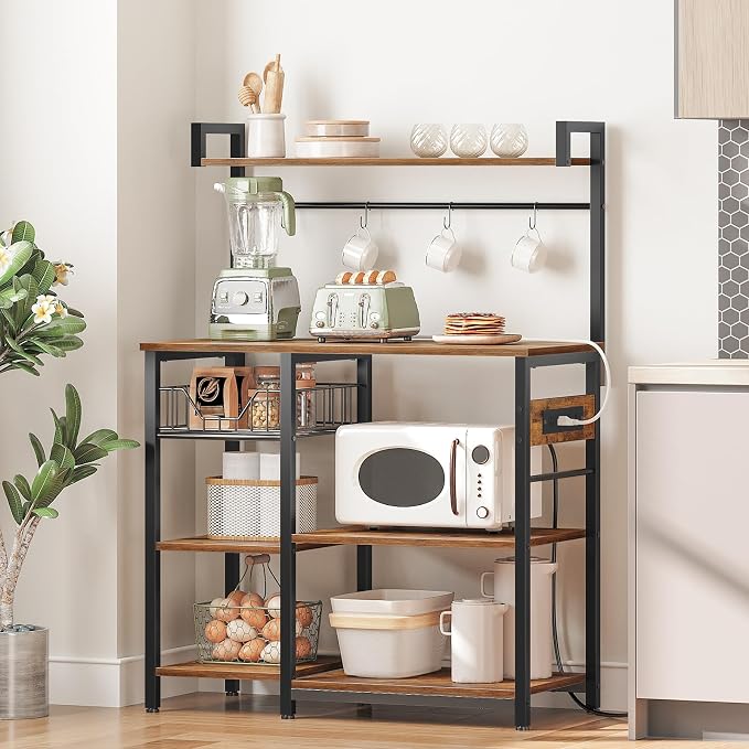 HOOBRO Bakers Rack with Power Outlet, 35.4 Inches Coffee Bar with Mesh Basket - Image 3