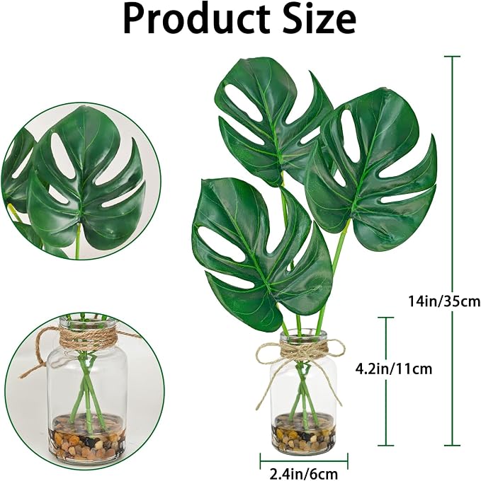 2 Pack Artificial Monstera Leaves in Glass Vase, Small Faux Plants - Image 6