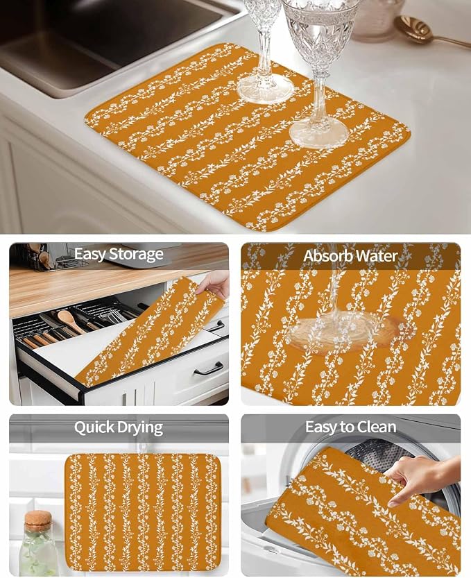 Leaves Dish Drying Mat 18x24 inch Watercolor Abstract Floral Leaf Stripes - Image 6