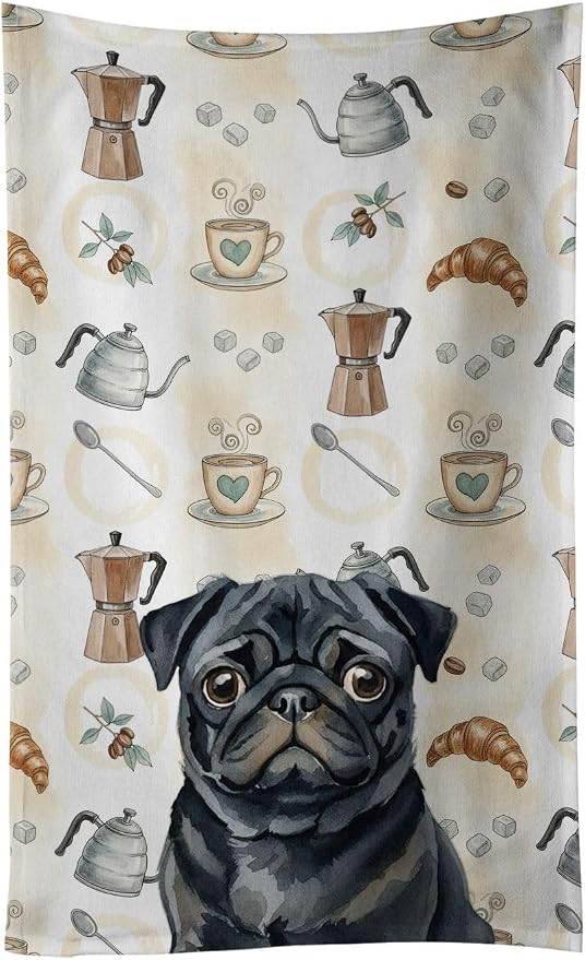 Caroline's Treasures Black Pug Coffee Bar Kitchen Towel Velour Plush Front and by CarolinesTreasures