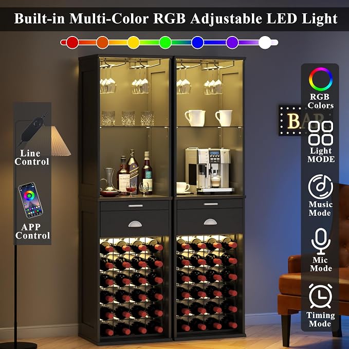 Loomie Wine Bar Cabinet with LED Lights, Kitchen Storage with Tray & Drawer & - Image 4