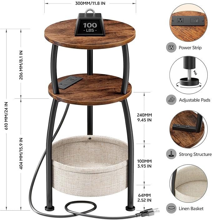 Side Table with Charging Station, Small Round End Table with Basket, USB and - Image 3