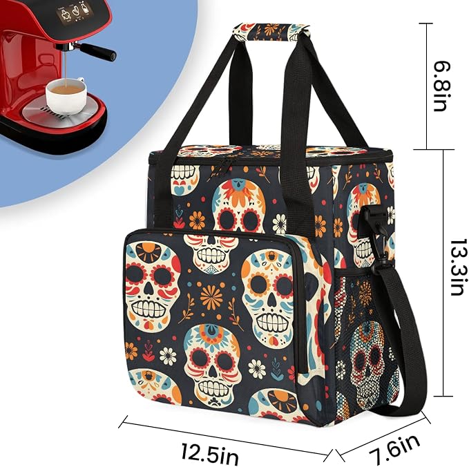 Sugar Skull Floral Coffee Maker Carring Bag, Large Insulated Storage Organizer - Image 2