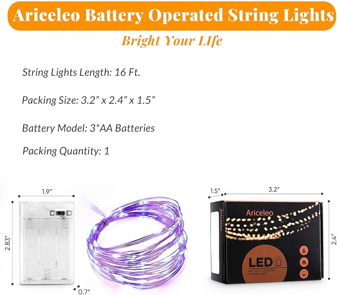 Ariceleo Led Fairy Lights Battery Operated, 1 Pack Mini Battery Powered Copper - Image 2