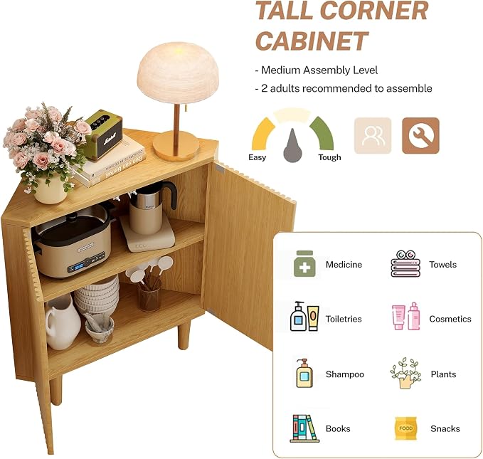 Fluted Floor Corner Kitchen Cabinet, Wooden Freestanding Cabinets Organizer - Image 8