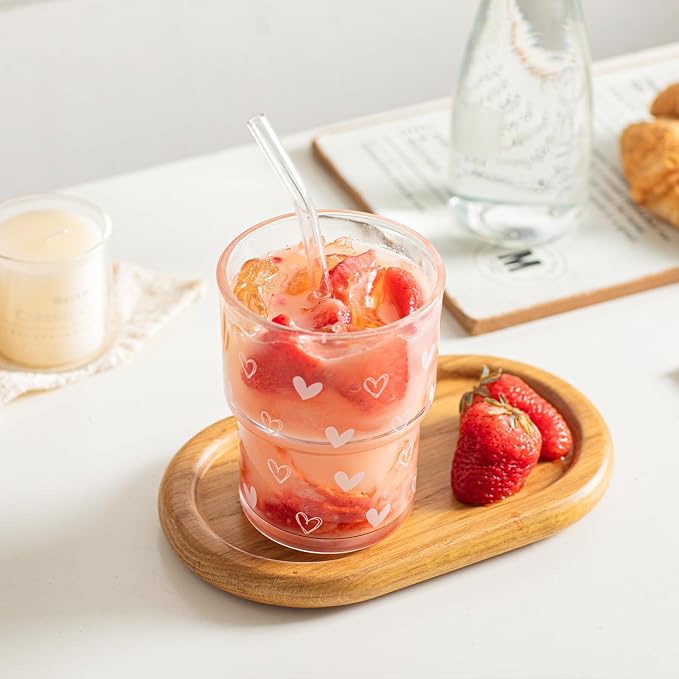 INSETLAN 13oz Heart Decal Glass Tumblers Set of 2, Thick Wall Glass Cups - Image 8