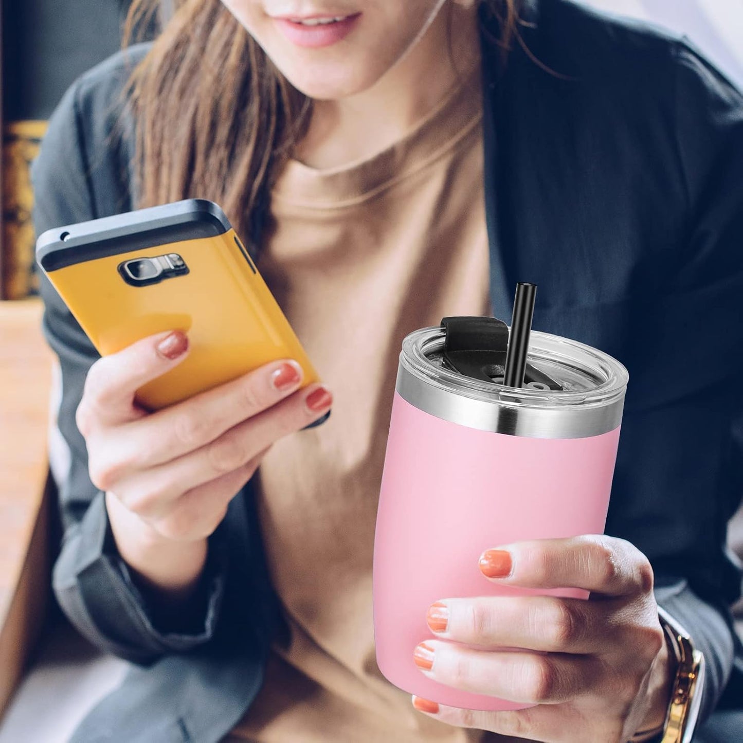 VEGOND Stainless Steel 12 oz Tumblers bulk Vacuum Insulated Double Wall Travel Tumbler with Lid and Straw Reusable Tumbler, Pink 1 Pack
