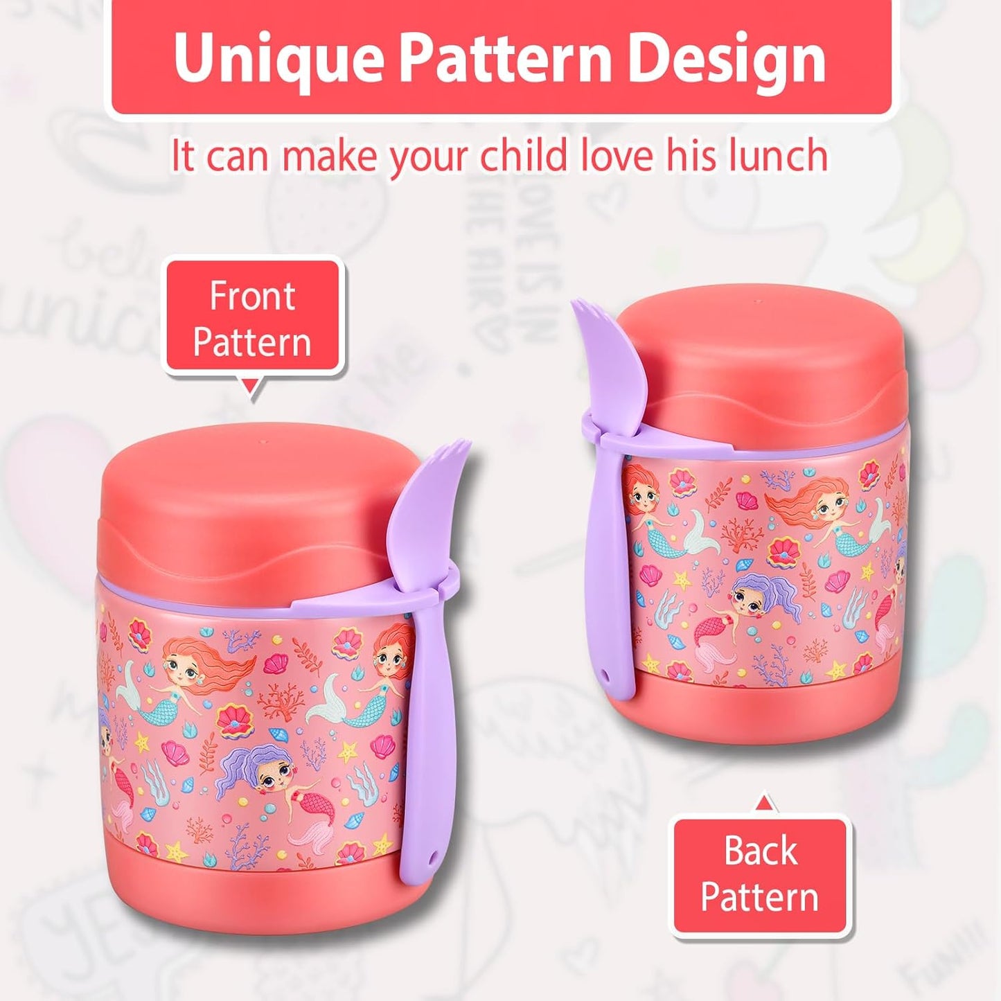 10oz Soup Thermo for Hot Food Kids,Lunch Thermo Kids Food Jar with Spoon Hot Insulated Food Containers,Leak Proof Stainless Steel Wide Mouth Lunch Food Thermo Jar for School(Pink-Mermaid)