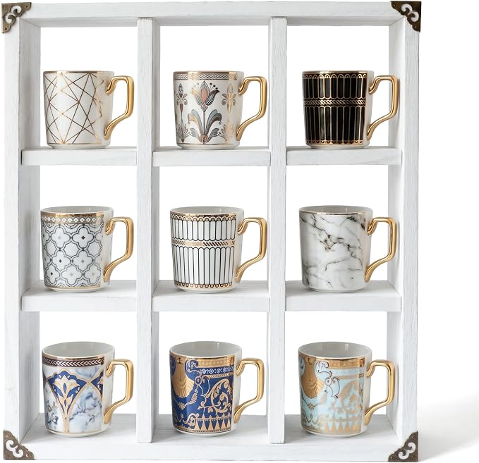 9 Slot Coffee Mug Display Rack - 17in Wall Mounted | Solid Wood by MITREL