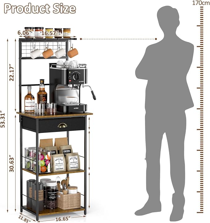 5 Tier Coffee Bar Station with Drawer, Kitchen Stand with 4 S-Shaped Hooks - Image 2