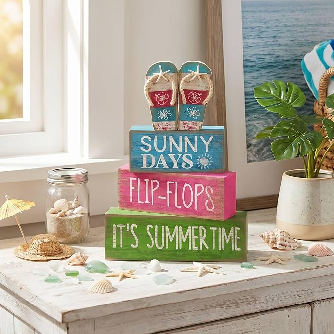 Lineshading 4 Pcs Summer Table Decorations Wooden Flip-flop Stacked Block Decor - Image 7