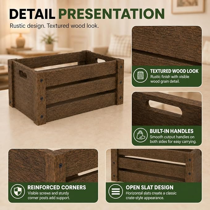 Wooden Crates for Display, 3 Pack Large Rustic Handmade Wood Crate for Storage - Image 7